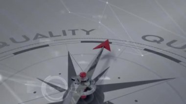 Pusula üzerindeki manyetik iğnenin animasyonu veri ve ağlar üzerinden kaliteli metne işaret ediyor. Yön, yönlendirme, değer, en iyi uygulama ve dijital arayüz, dijital olarak oluşturulmuş video.