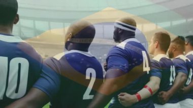 Çeşitli erkek rugby oyuncularının stadyumda marş söylemesi üzerine Brezilya bayrağı animasyonu. Küresel spor ve vatanseverlik kavramı, dijital olarak üretilen video.
