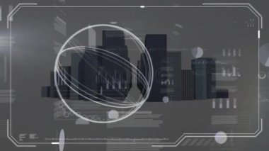 Şehir manzarası üzerinde finansal veri işleme animasyonu. Dijital olarak oluşturulan küresel finansman, iş, bilgisayar ve dijital arayüz kavramı.