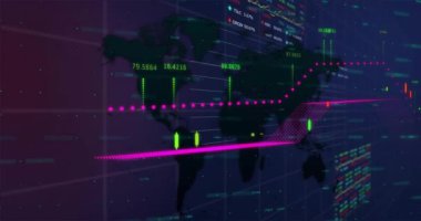 Dünya haritası üzerinde finansal veri işleme animasyonu ve karanlık arka planda ızgara. Küresel finans, iş, bağlantılar, hesaplama ve veri işleme kavramı dijital olarak oluşturulmuş video.