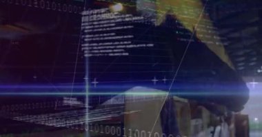 Ahırda at üstünde finansal veri işleme animasyonu. Atlar, iş dünyası, bağlantılar, hesaplama ve veri işleme kavramı dijital olarak oluşturulmuş video.