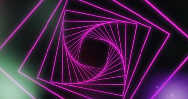 Siyah arka plandaki renkli ışıkların üzerindeki pembe beş köşeli spiralin animasyonu. Bağlantı, ağ, veri ve iletişim, dijital olarak oluşturulmuş video.