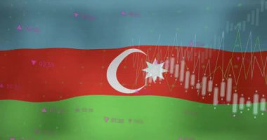 Azerbaijan bayrağı üzerinde grafik işleme verilerinin animasyonu. Ulusal ekonomi, seyahat, veri, finans, dijital arayüz, iş ve iletişim, dijital olarak oluşturulmuş video.