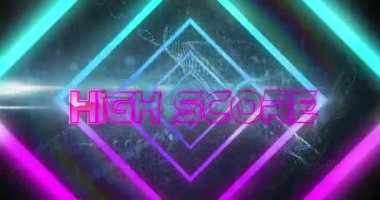 Pembe ve mavi neon şekiller ve asma kilit üzerine pembe parlak harflerle yüksek skorlu metin animasyonu. Oyun, veri güvenliği, dijital arayüz, retro ve iletişim, dijital olarak oluşturulmuş video.