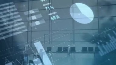 Havaalanındaki finansal veri işleme animasyonu. Küresel finans, iş, bağlantılar, hesaplama ve veri işleme kavramı dijital olarak oluşturulmuş video.