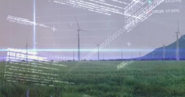 Rüzgar türbinleri üzerinde finansal veri işleme animasyonu. Küresel rüzgar enerjisi, iş, bağlantılar, hesaplama ve veri işleme kavramı dijital olarak oluşturulmuş video.