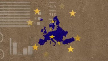 Mali veri işleme ve Avrupa Birliği bayrağının animasyonu. Avrupa finans, işletme, bağlantılar, hesaplama ve veri işleme kavramı dijital olarak oluşturulmuş video.