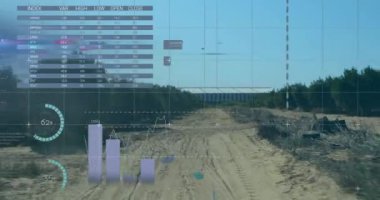 Veri işleme animasyonu, dünya haritası ve manzara üzerindeki diyagramlar. Küresel iş, doğa ve dijital arayüz kavramı, dijital olarak oluşturulmuş video.