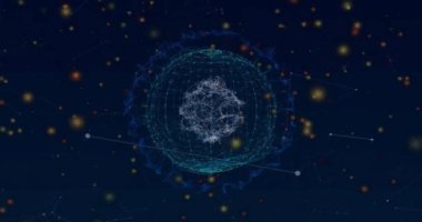 Küre ile olan bağlantı ağının üzerinde sarı noktaların animasyonu. Dijital olarak oluşturulmuş küresel bağlantılar, hesaplama ve veri işleme kavramı.