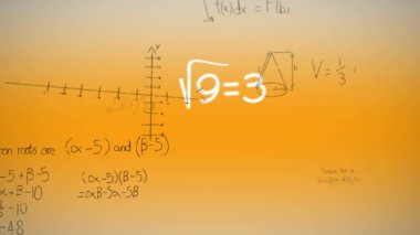 Sarı zemin üzerinde matematiksel denklemlerin animasyonu. Denklemler, hesaplama ve dijital arayüz kavramı dijital olarak oluşturulmuş video.