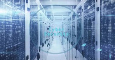 Bilgisayar sunucularında siber güvenlik veri işleme animasyonu. Dijital olarak oluşturulmuş küresel çevrimiçi güvenlik, bağlantılar, hesaplama ve veri işleme kavramı.