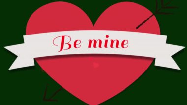Yeşil zemin üzerinde kırmızı kalp şekilleri olan kurdeleli benim metnim olma animasyonu. Dijital olarak üretilmiş, illüstrasyon, aşk, selamlama, buluşma, romantizm, sevgililer günü, kutlama konsepti.