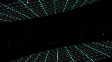 Siyah arkaplanda mavi şekillerin ve karelerin animasyonu. Soyut arkaplan ve dijital arayüz kavramı, dijital olarak oluşturulmuş video.