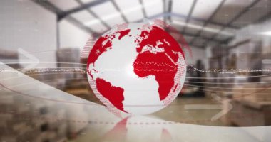 Tüm dünyada ve depoda finansal veri işleme animasyonu. Küresel gönderim, finans, iş, bağlantılar, hesaplama ve veri işleme kavramı dijital olarak oluşturulmuş video.