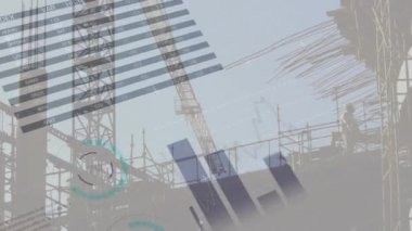 İnşaat alanındaki finansal veri işleme animasyonu. Küresel kalkınma, iş, bağlantılar, hesaplama ve veri işleme kavramı dijital olarak oluşturulmuş video.