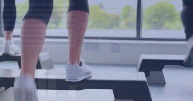 Beyazların spor salonunda egzersiz yapan kadınlar için finansal veri işleme animasyonu. Küresel spor, iş, bağlantılar, hesaplama ve veri işleme kavramı dijital olarak oluşturulmuş video.