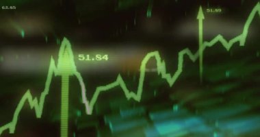 Kara fon üzerinde veri işleme, diyagramlar ve borsa animasyonları. Küresel iş, teknoloji ve dijital arayüz kavramı, dijital olarak oluşturulmuş video.