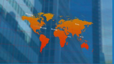 Dünya haritası ve binalar üzerinde finansal veri işleme animasyonu. Küresel finans, iş, bağlantılar, hesaplama ve veri işleme kavramı dijital olarak oluşturulmuş video.