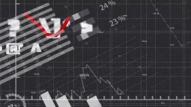 Finansal veri işleme animasyonu ve siyah arkaplan istatistikleri. Küresel iş, bağlantılar, hesaplama ve veri işleme kavramı dijital olarak oluşturulmuş video.