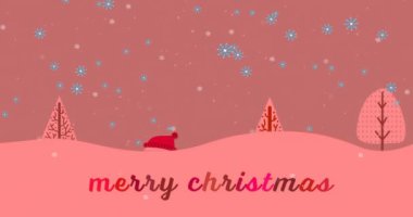 Kış manzarasında kardan adamın üzerine düşen mutlu noel mesajları ve kardan adam animasyonu. Noel, şenlik, kutlama ve gelenek konsepti dijital olarak oluşturuldu.