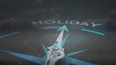 Pusula üzerindeki manyetik iğnenin animasyonu tatil metnini gösteriyor. Yönlendirme, yönlendirme, tatiller, seyahat ve arayüz, dijital olarak oluşturulmuş video.