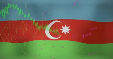 Azerbaijan bayrağı üzerinde grafik işleme verilerinin animasyonu. Ulusal ekonomi, seyahat, veri, finans, dijital arayüz, iş ve iletişim, dijital olarak oluşturulmuş video.