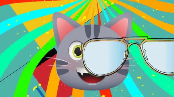 猫とサングラスのアニメーショングリーンバックグラウンドの鮮やかなラインパターン デジタル生成されたビデオの形状 パターンコンセプト — ストック動画