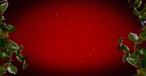 Animacja Świątecznych Liści Ostrokrzewu Jagód Wokół Śniegu Spadających Czerwone Tło — Wideo stockowe