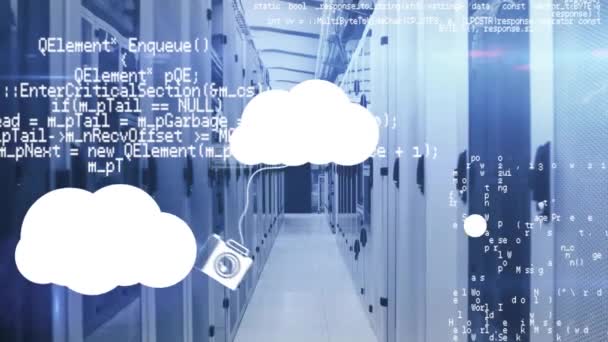 Bilgisayar Sunucularında Bulut Simgeleri Veri Işleme Animasyonları Küresel Çevrimiçi Güvenlik — Stok video