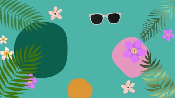 Animación Hojas Gafas Sol Sobre Patrón Vibrante Abstracto Concepto Naturaleza — Vídeo de stock