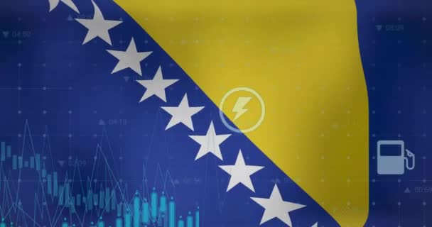 在玻色尼亚旗和赫泽格维纳旗上方动画图形 数据和能量图标 国民经济 数字接口 商业和通信 数字视频 — 图库视频影像