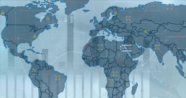 Animação Mapa Mundial Sobre Processamento Dados Financeiros Fundo Azul Conceito — Vídeo de Stock