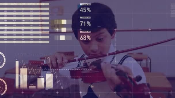 Animação Processamento Dados Financeiros Sobre Estudante Biracial Tocando Violino Educação — Vídeo de Stock