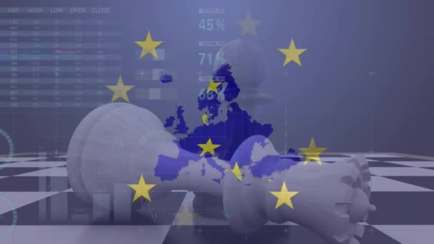 Animação Processamento Dados Financeiros Bandeira União Europeia Sobre Tabuleiro Xadrez — Vídeo de Stock