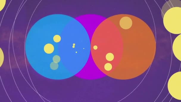 紫色のバックグラウンド上の活気のある円と線パターンのアニメーション デジタル生成されたビデオの形状 パターンコンセプト — ストック動画