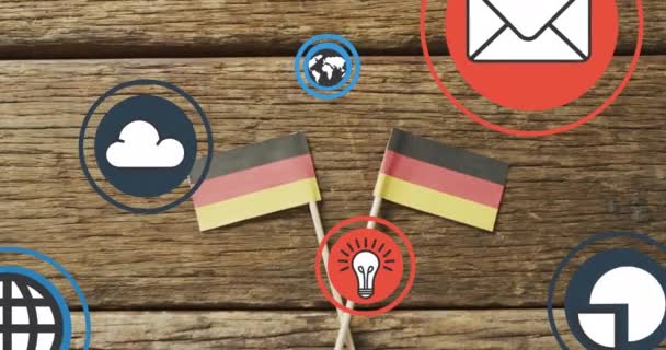 Animação Ícones Mídia Digital Sobre Bandeiras Alemãs Fundo Madeira Alemanha — Vídeo de Stock