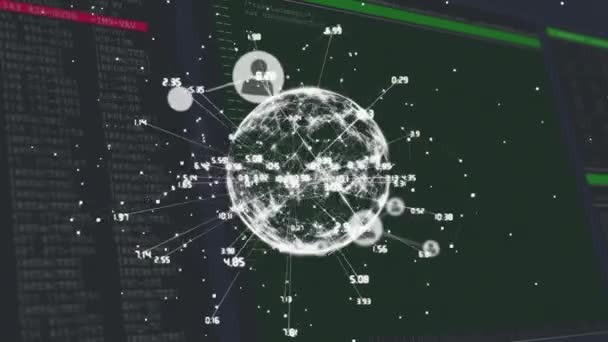 Dünya Üzerindeki Simgelerle Bağlantı Ağının Animasyonu Kara Arkaplanda Veri Işleme — Stok video