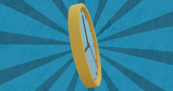 Animacja Trójwymiarowej Żółtej Ikony Zegara Obracającej Się Nad Paskami Promieniowymi — Wideo stockowe