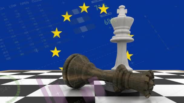 Animacja Przetwarzania Danych Finansowych Flaga Unii Europejskiej Nad Szachownicą Koncepcja — Wideo stockowe