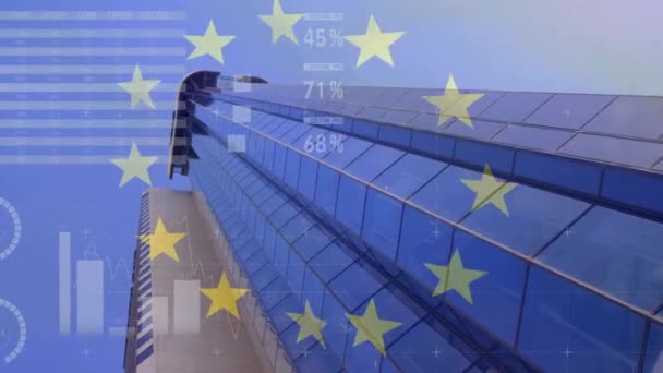Taloudellisen Tietojenkäsittelyn Animaatio Euroopan Unionin Lippu Toimistorakennusta Varten Eurooppalainen Rahoitus — kuvapankkivideo