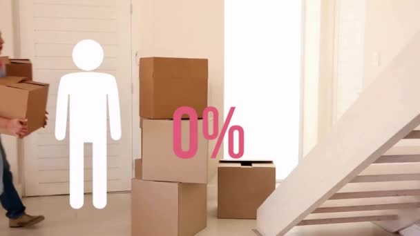 Erkek Ikonu Animasyonu Yüzde Pembeyle Beyaz Çiftin Karton Kutularla Taşınması — Stok video