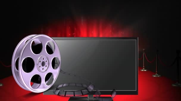 Animación Carrete Película Monitor Pantalla Plana Sobre Alfombra Roja Cortina — Vídeos de Stock