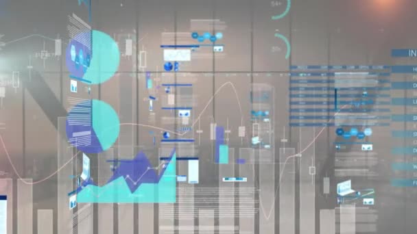 Animace Zpracování Finančních Dat Přes Mřížku Město Globální Finance Obchod — Stock video