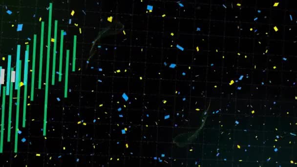 在黑色背景下 通过Confetti动画处理财务数据 全球金融 计算和数据处理概念 — 图库视频影像