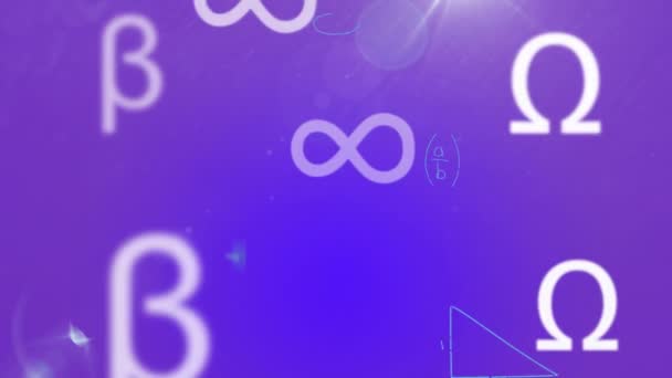 Animación Símbolos Sobre Ecuaciones Matemáticas Sobre Fondo Púrpura Ecuaciones Computación — Vídeo de stock