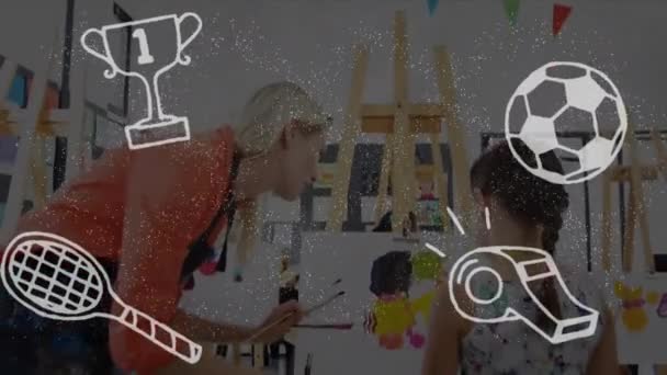 Animáció Hello Szöveges Iskolai Ikonok Felett Kaukázusi Női Tanár Iskolás — Stock videók