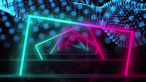 Animacja Neonowego Tunelu Bezszwowy Wzór Niebieska Świecąca Fala Cyfrowa Czarnym — Wideo stockowe