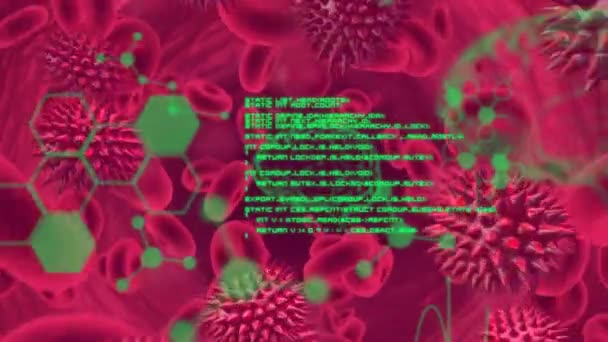 Анімація Обробки Даних Хімічною Формулою Над Кров Вірусними Клітинами Глобальна — стокове відео