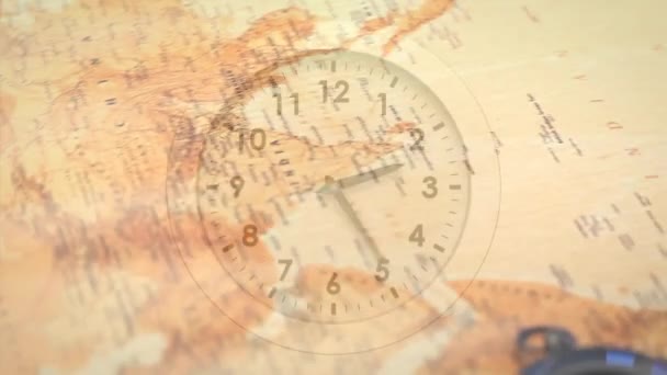 Animación Del Reloj Sobre Mapa Viajes Globales Finanzas Negocios Conexiones — Vídeos de Stock