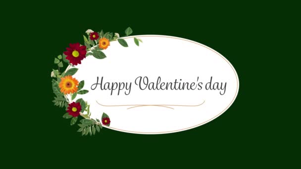 Animation Happy Valentine Day Text Flowers Oval Shape Green Background — Stock Video